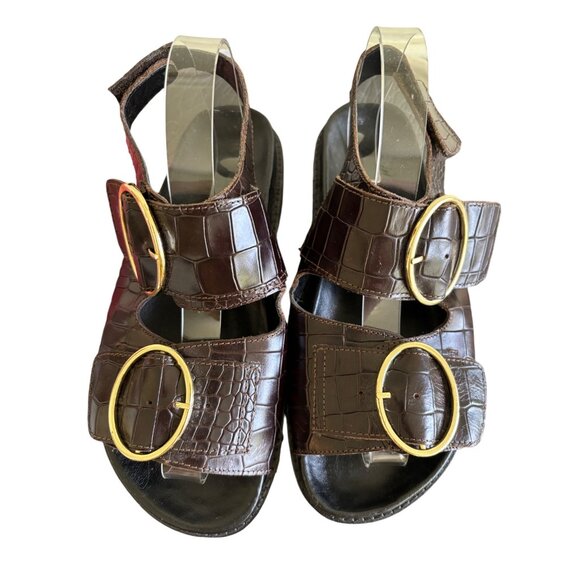 ASRA Womens Brown Croc-Embossed Chunky Sandals With Gold Buckles - Picture 5 of 15
